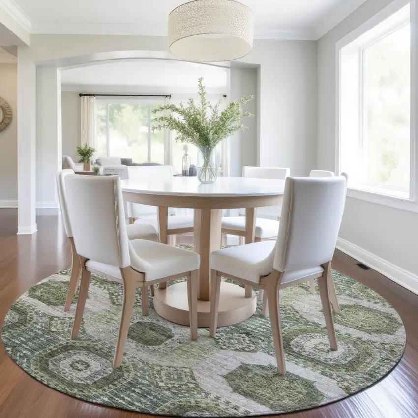 8' Olive Green And Ivory Round Medallion Washable Indoor Outdoor Area Rug Photo 6