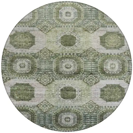 8' Olive Green And Ivory Round Medallion Washable Indoor Outdoor Area Rug Photo 3
