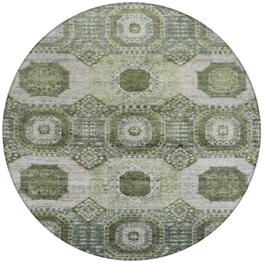 8' Olive Green And Ivory Round Medallion Washable Indoor Outdoor Area Rug Photo 3