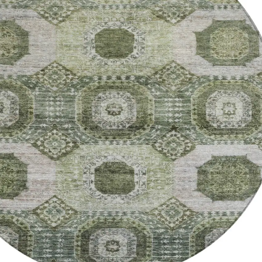 8' Olive Green And Ivory Round Medallion Washable Indoor Outdoor Area Rug Photo 8