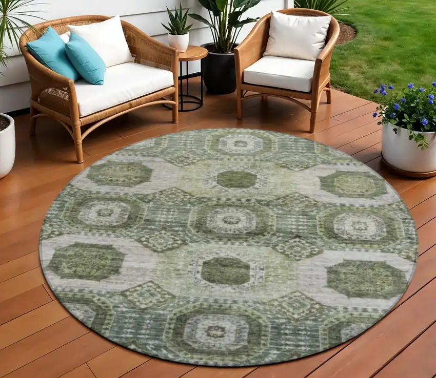 8' Olive Green And Ivory Round Medallion Washable Indoor Outdoor Area Rug Photo 2
