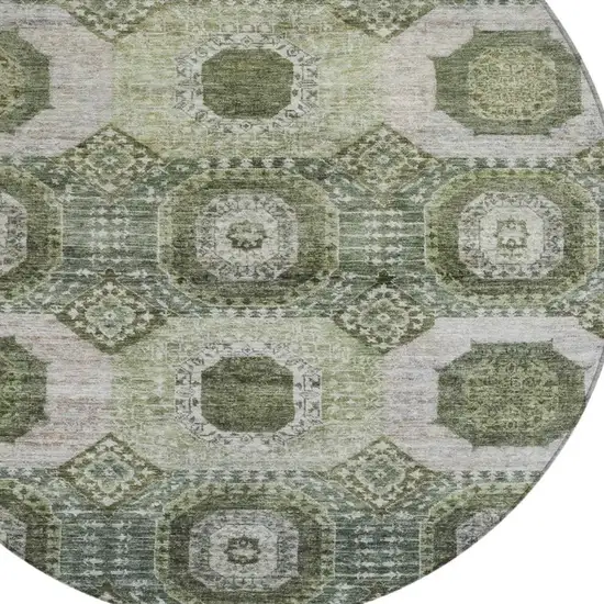 8' Olive Green And Ivory Round Medallion Washable Indoor Outdoor Area Rug Photo 4