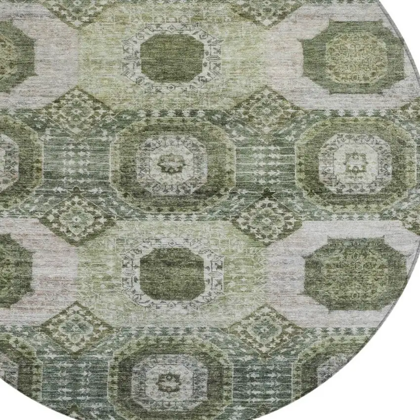 8' Olive Green And Ivory Round Medallion Washable Indoor Outdoor Area Rug Photo 4