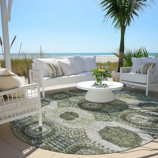8' Olive Green And Ivory Round Medallion Washable Indoor Outdoor Area Rug Photo 5