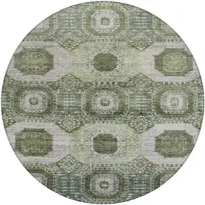 Photo of 8' Olive Green And Ivory Round Medallion Washable Indoor Outdoor Area Rug