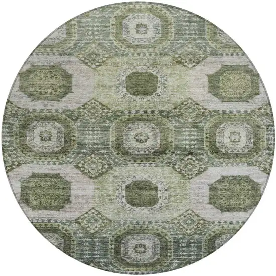 8' Olive Green And Ivory Round Medallion Washable Indoor Outdoor Area Rug Photo 1