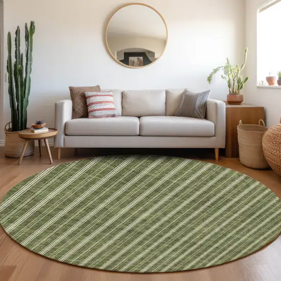 8' Olive Green And Ivory Round Striped Washable Indoor Outdoor Area Rug Photo 7