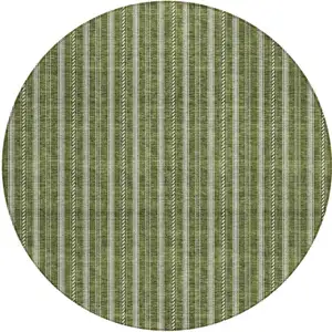 Photo of 8' Olive Green And Ivory Round Striped Washable Indoor Outdoor Area Rug