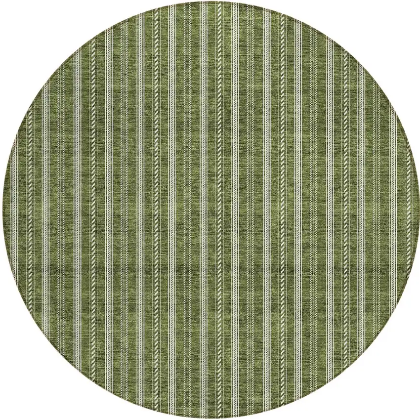 8' Olive Green And Ivory Round Striped Washable Indoor Outdoor Area Rug Photo 4