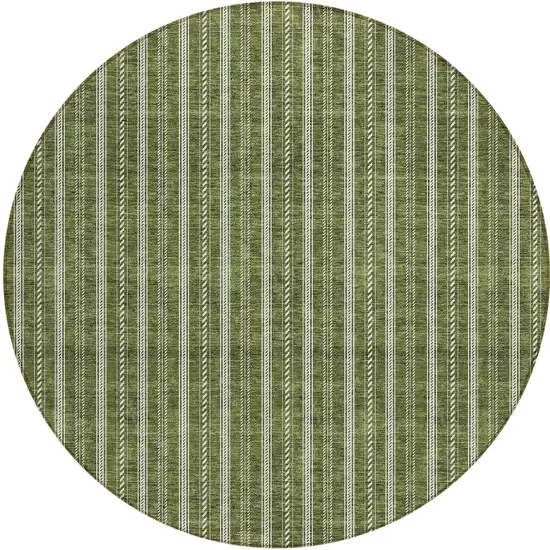 8' Olive Green And Ivory Round Striped Washable Indoor Outdoor Area Rug Photo 4