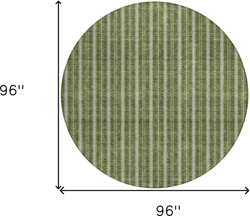 8' Olive Green And Ivory Round Striped Washable Indoor Outdoor Area Rug Photo 3