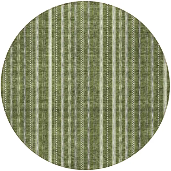 8' Olive Green And Ivory Round Striped Washable Indoor Outdoor Area Rug Photo 5