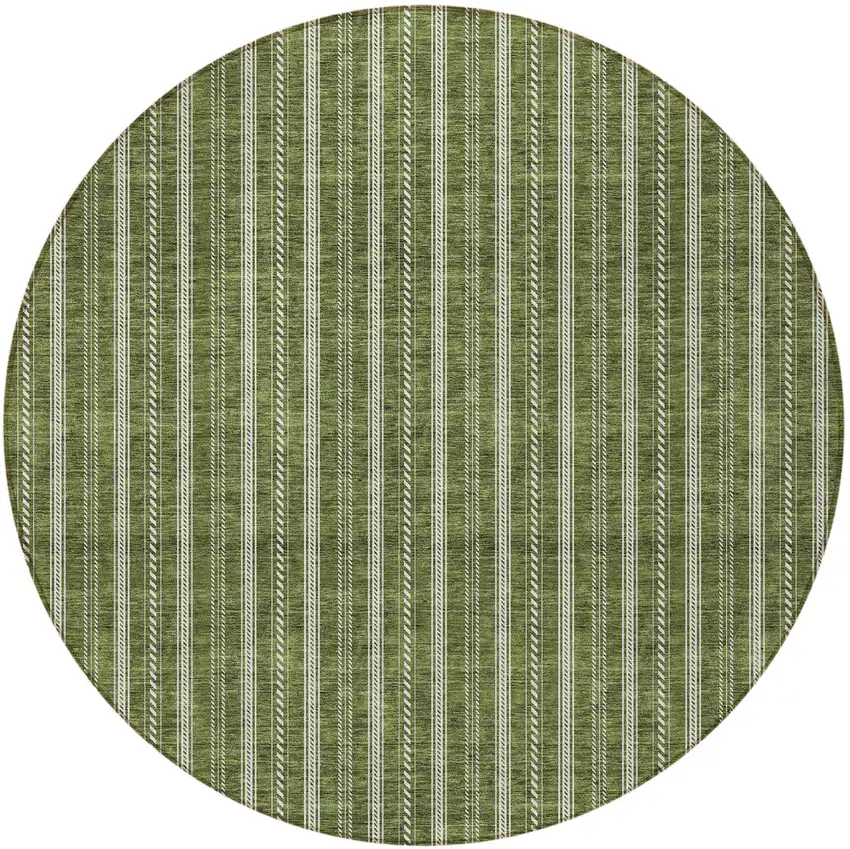 8' Olive Green And Ivory Round Striped Washable Indoor Outdoor Area Rug Photo 5