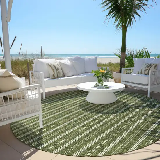 8' Olive Green And Ivory Round Striped Washable Indoor Outdoor Area Rug Photo 6