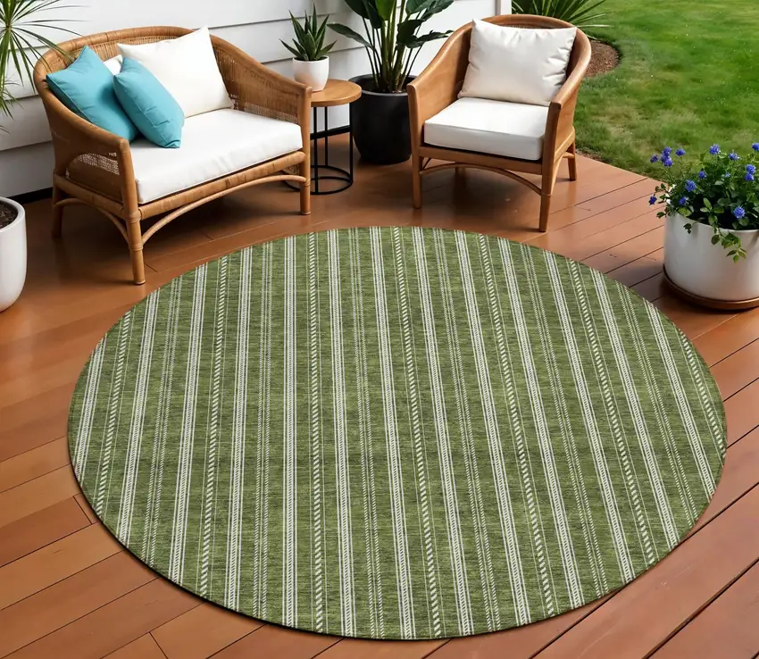 8' Olive Green And Ivory Round Striped Washable Indoor Outdoor Area Rug Photo 1