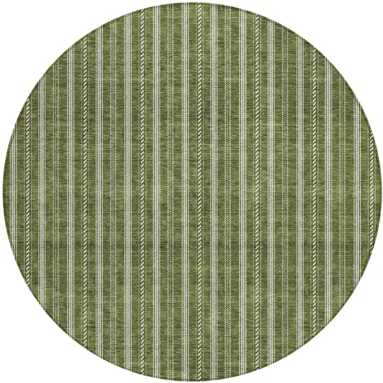 8' Olive Green And Ivory Round Striped Washable Indoor Outdoor Area Rug Photo 2