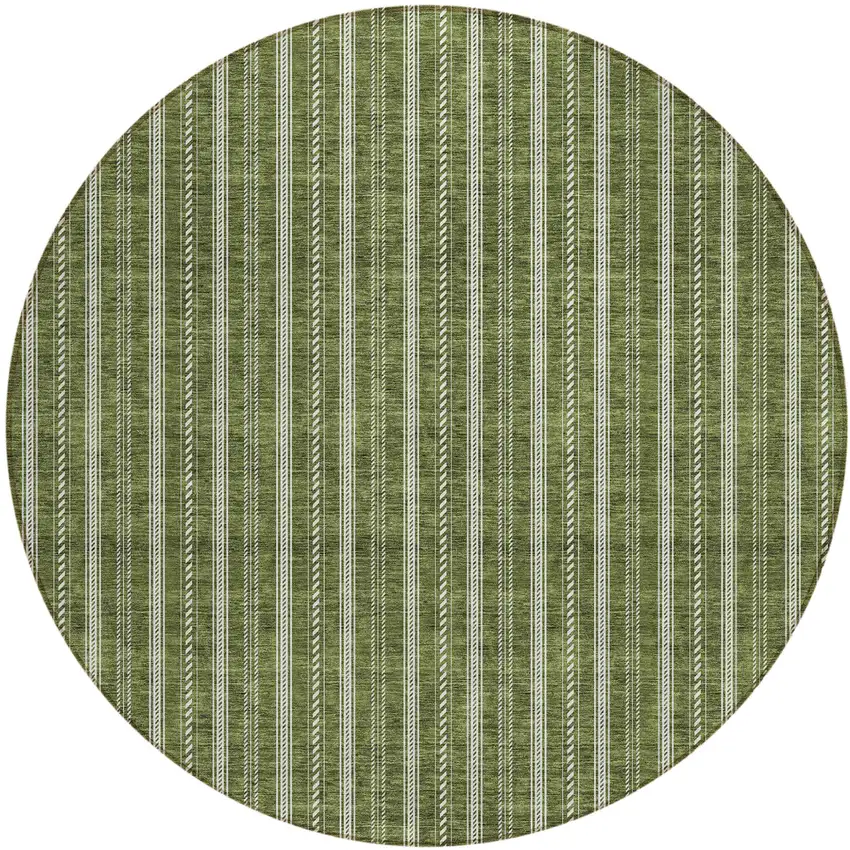 8' Olive Green And Ivory Round Striped Washable Indoor Outdoor Area Rug Photo 2