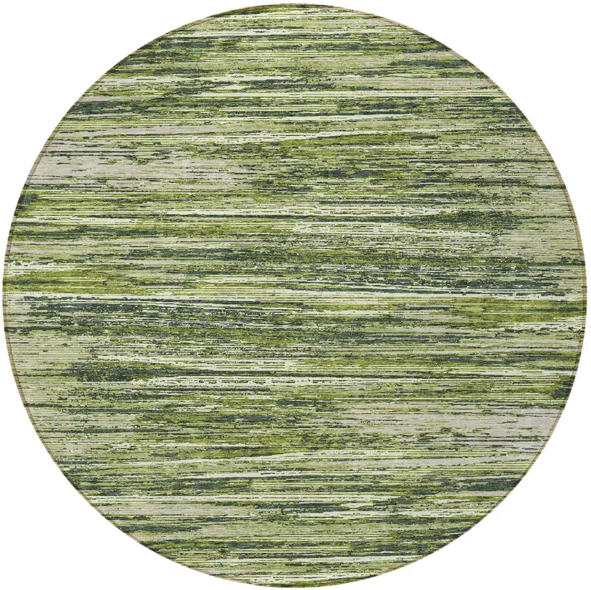 8' Olive Green And Ivory Round Striped Washable Indoor Outdoor Area Rug Photo 5