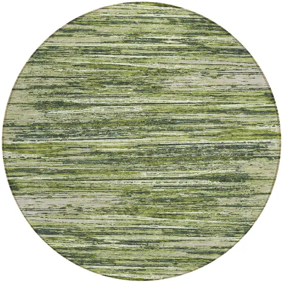 8' Olive Green And Ivory Round Striped Washable Indoor Outdoor Area Rug Photo 2