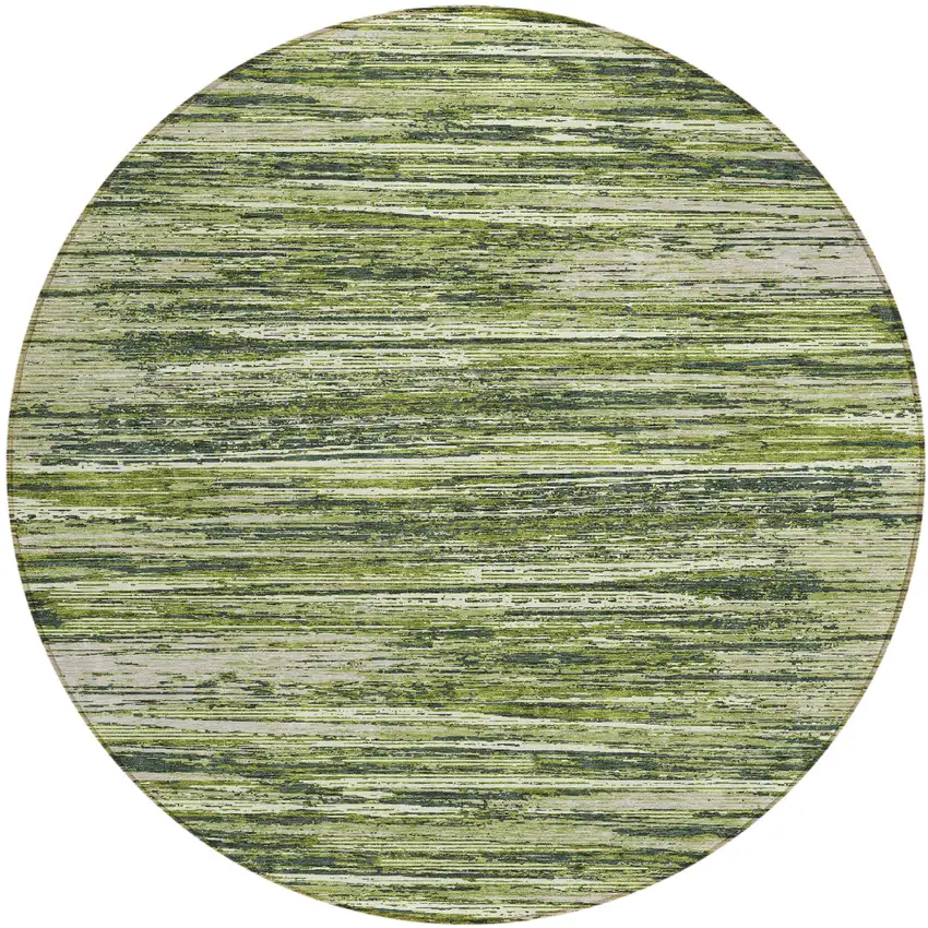8' Olive Green And Ivory Round Striped Washable Indoor Outdoor Area Rug Photo 2