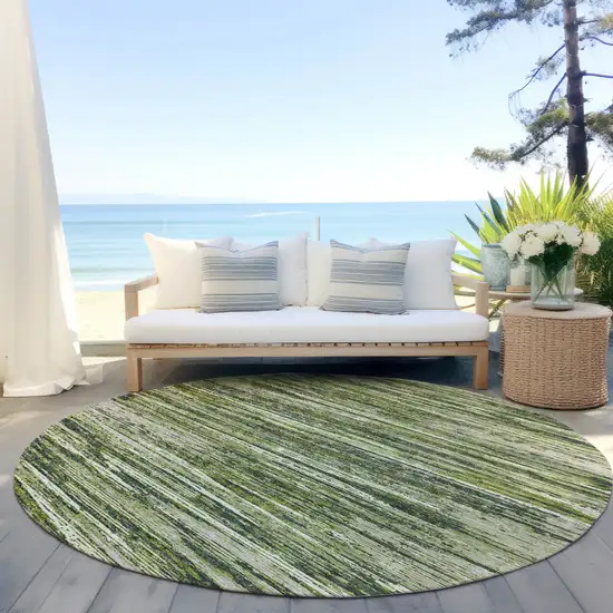 8' Olive Green And Ivory Round Striped Washable Indoor Outdoor Area Rug Photo 6