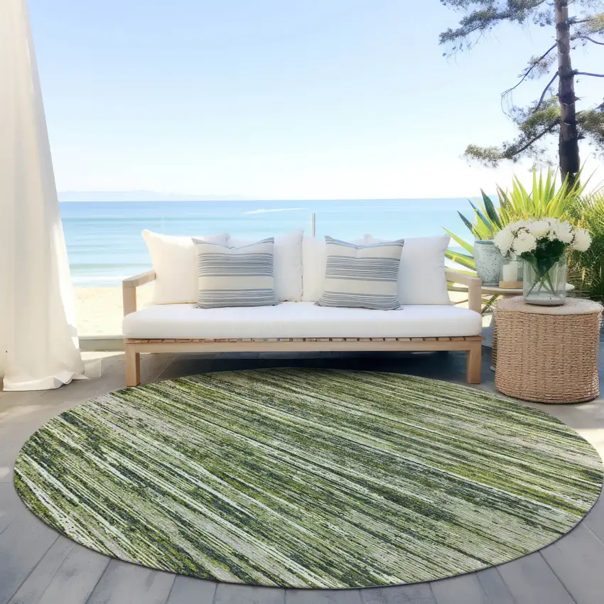 8' Olive Green And Ivory Round Striped Washable Indoor Outdoor Area Rug Photo 6