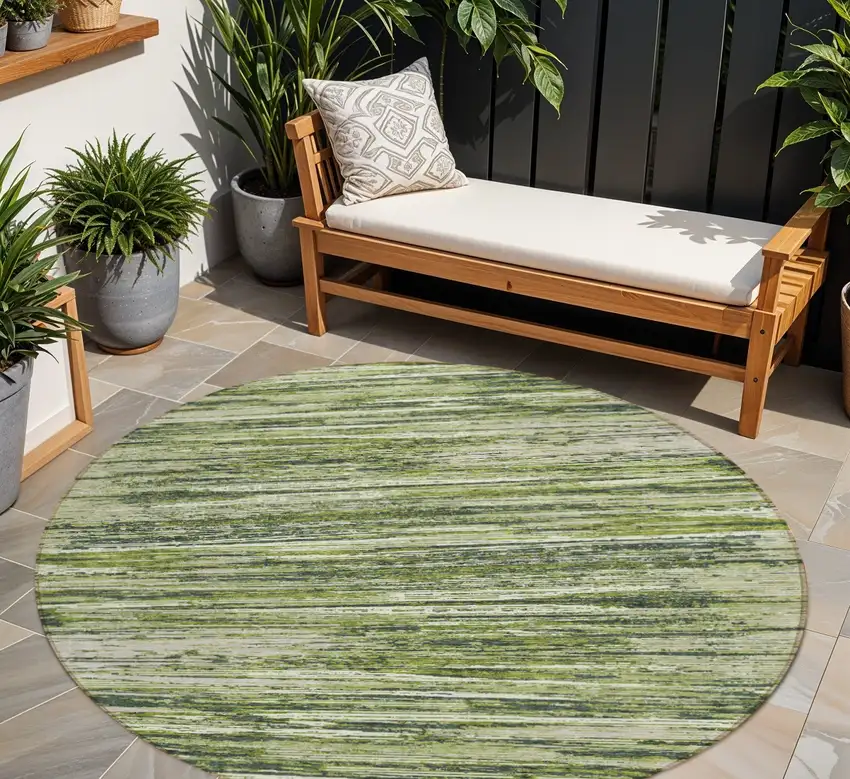 8' Olive Green And Ivory Round Striped Washable Indoor Outdoor Area Rug Photo 1