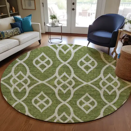 8' Olive Green And Ivory Round Trellis Washable Indoor Outdoor Area Rug Photo 7