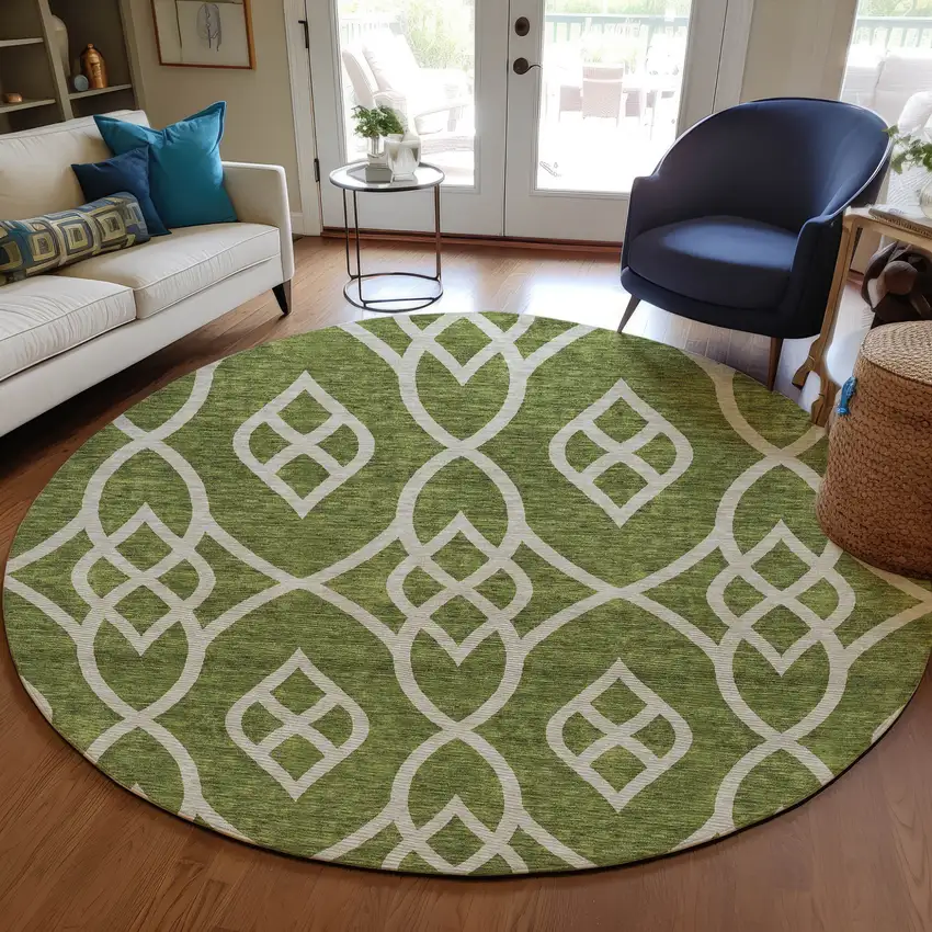 8' Olive Green And Ivory Round Trellis Washable Indoor Outdoor Area Rug Photo 7