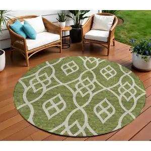 Photo of 8' Olive Green And Ivory Round Trellis Washable Indoor Outdoor Area Rug