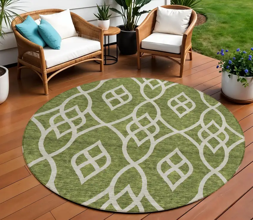 8' Olive Green And Ivory Round Trellis Washable Indoor Outdoor Area Rug Photo 1