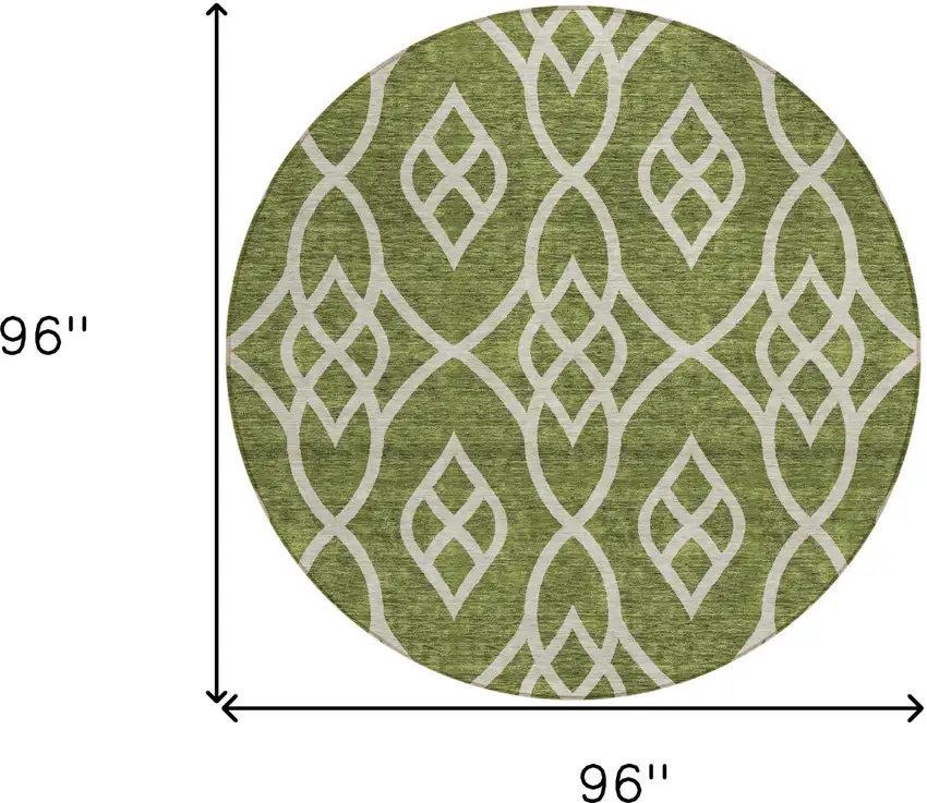 8' Olive Green And Ivory Round Trellis Washable Indoor Outdoor Area Rug Photo 3