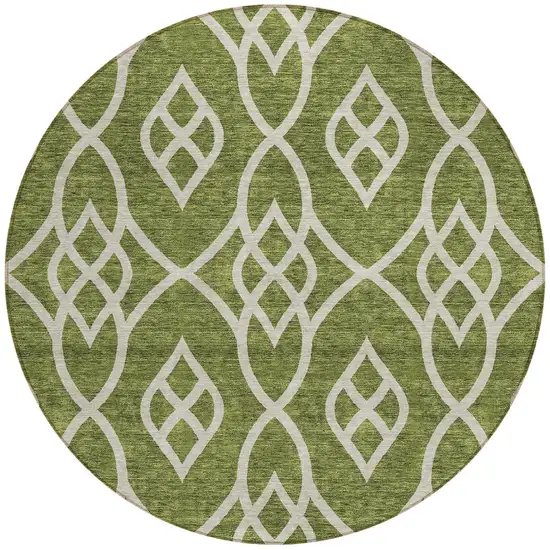 8' Olive Green And Ivory Round Trellis Washable Indoor Outdoor Area Rug Photo 4