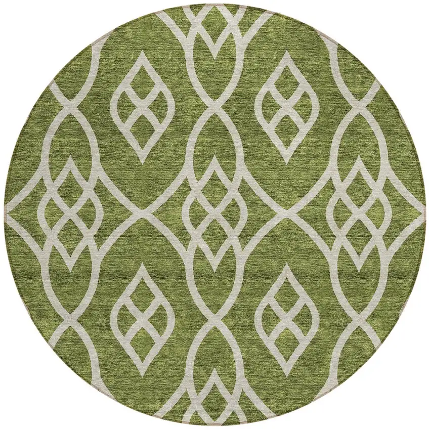 8' Olive Green And Ivory Round Trellis Washable Indoor Outdoor Area Rug Photo 4
