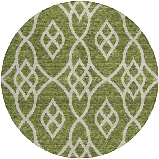 8' Olive Green And Ivory Round Trellis Washable Indoor Outdoor Area Rug Photo 2