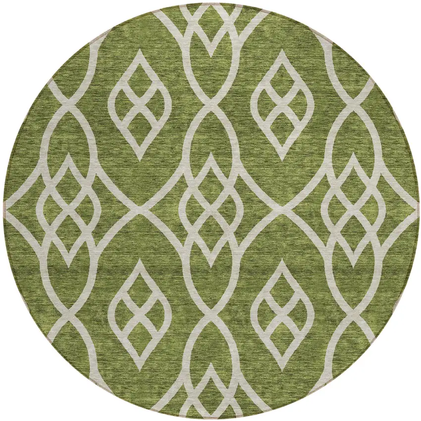 8' Olive Green And Ivory Round Trellis Washable Indoor Outdoor Area Rug Photo 2