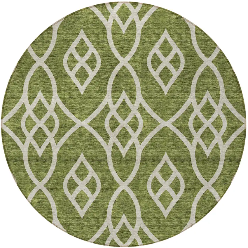 8' Olive Green And Ivory Round Trellis Washable Indoor Outdoor Area Rug Photo 5