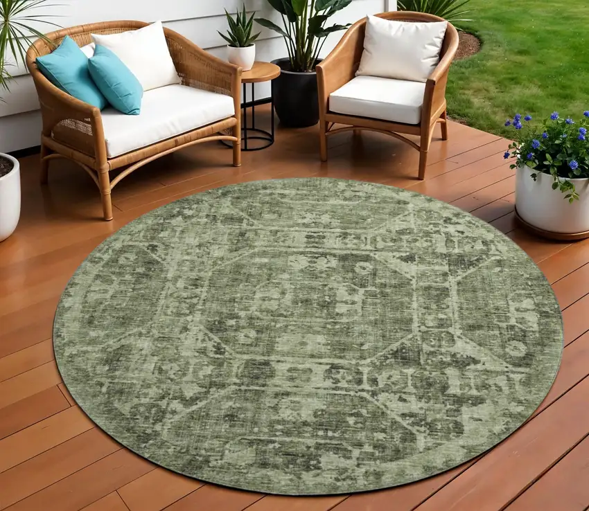 8' Olive Green And Ivory Round Tribal Washable Indoor Outdoor Area Rug Photo 1