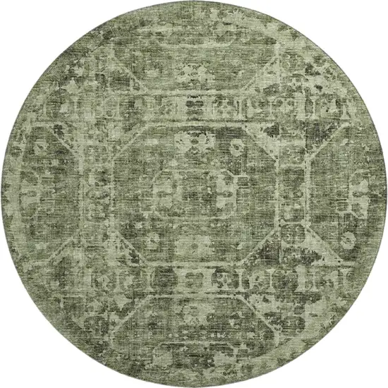 8' Olive Green And Ivory Round Tribal Washable Indoor Outdoor Area Rug Photo 2