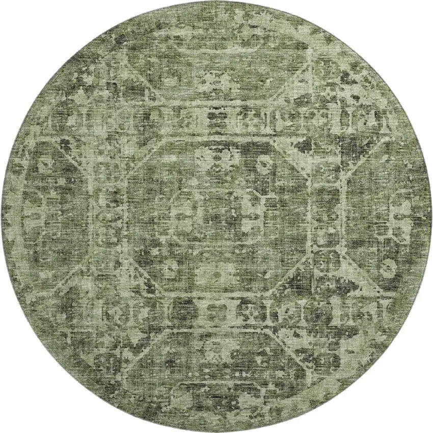 8' Olive Green And Ivory Round Tribal Washable Indoor Outdoor Area Rug Photo 2