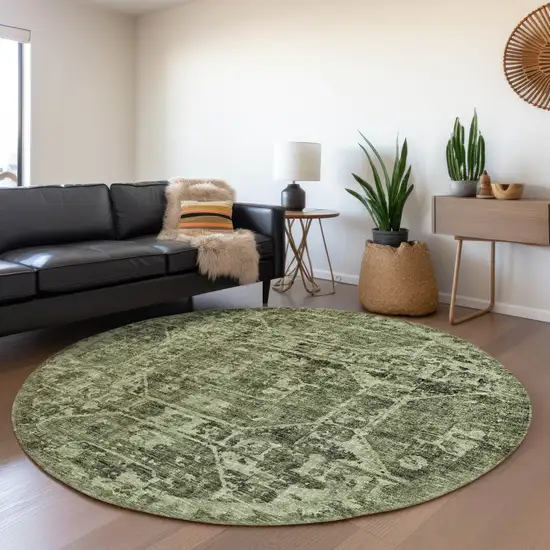 8' Olive Green And Ivory Round Tribal Washable Indoor Outdoor Area Rug Photo 4