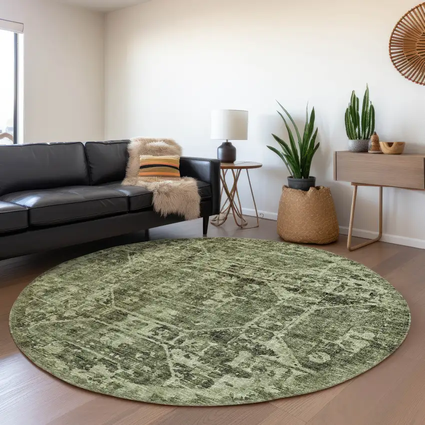 8' Olive Green And Ivory Round Tribal Washable Indoor Outdoor Area Rug Photo 4