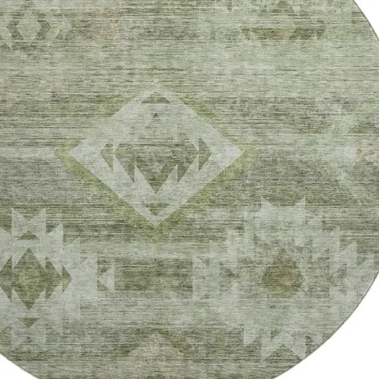 8' Olive Green And Ivory Southwestern Washable Round Rug With UV Protection Photo 3