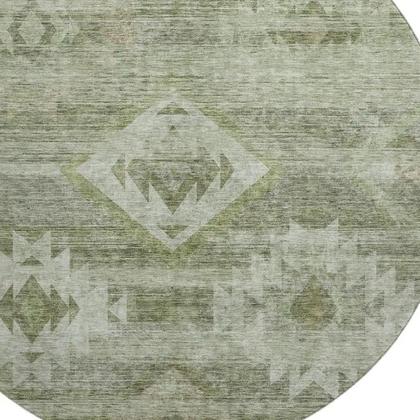 8' Olive Green And Ivory Southwestern Washable Round Rug With UV Protection Photo 3