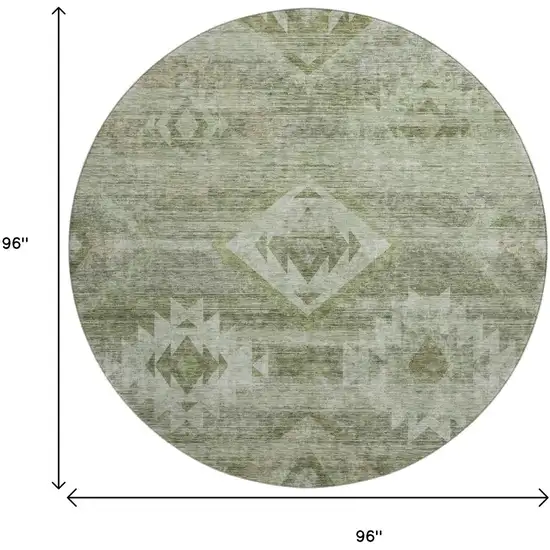 8' Olive Green And Ivory Southwestern Washable Round Rug With UV Protection Photo 3
