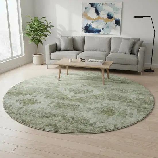 8' Olive Green And Ivory Southwestern Washable Round Rug With UV Protection Photo 2