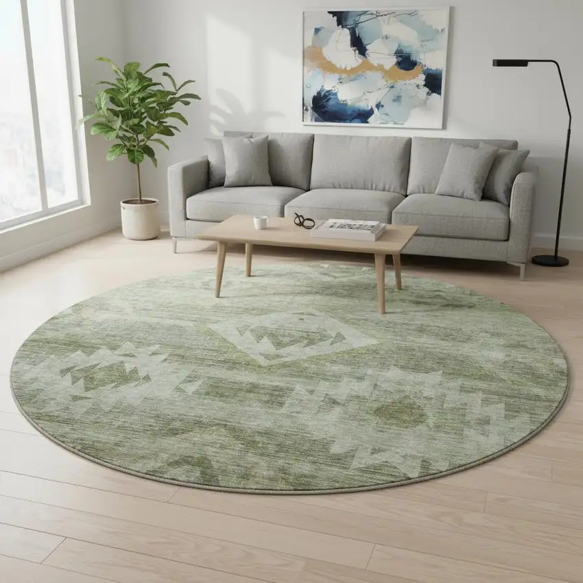 8' Olive Green And Ivory Southwestern Washable Round Rug With UV Protection Photo 2