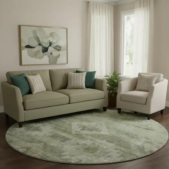 8' Olive Green And Ivory Southwestern Washable Round Rug With UV Protection Photo 1