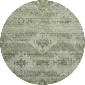 Photo of 8' Olive Green And Ivory Southwestern Washable Round Rug With UV Protection