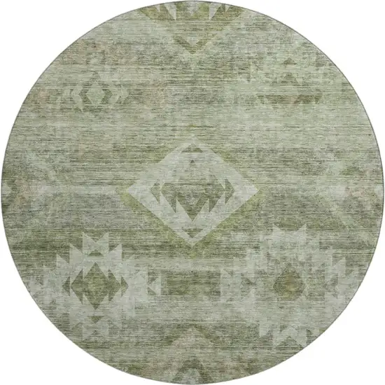 8' Olive Green And Ivory Southwestern Washable Round Rug With UV Protection Photo 1